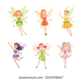 Cute Girl Fairy Flying with Wings and Magic Wand Vector Set