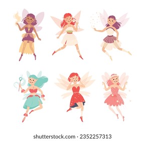 Cute Girl Fairy Flying with Wings and Magic Wand Vector Illustration Set