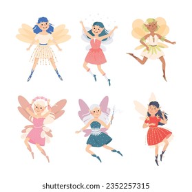 Cute Girl Fairy Flying with Wings and Magic Wand Vector Illustration Set