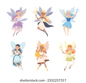 Cute Girl Fairy Fliegend mit Flügeln und Zauberstab-Vektorgrafik-Set