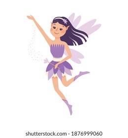 Cute Girl Fairy with Magic Wand, Lovely Flying Winged Elf Princesses in Lilac Dress Cartoon Style Vector Illustration