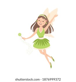 Cute Girl Fairy with Magic Wand, Lovely Flying Winged Elf Princesses in Green Dress Cartoon Style Vector Illustration