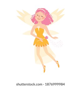 Cute Girl Fairy with Magic Wand, Lovely Winged Elf Princesses in Fancy Dress Cartoon Style Vector Illustration