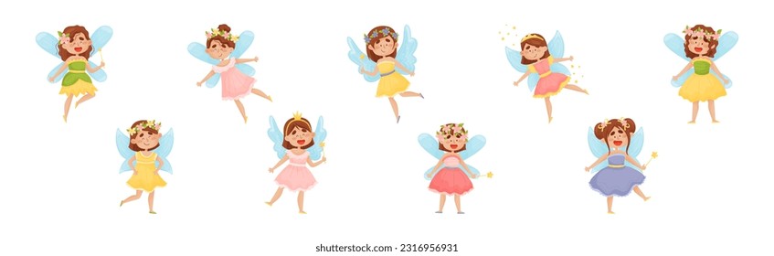 Cute Girl Fairy with Magic Wand Flying with Wings Vector Set.