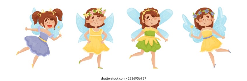 Cute Girl Fairy with Magic Wand Flying with Wings Vector Set.