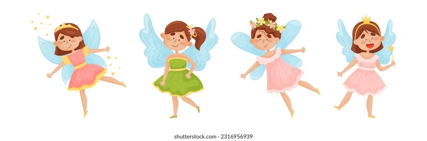 Cute Girl Fairy with Magic Wand Flying with Wings Vector Set.