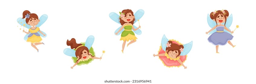 Cute Girl Fairy mit Magic Wand Fliegen mit Wings Vector Set.