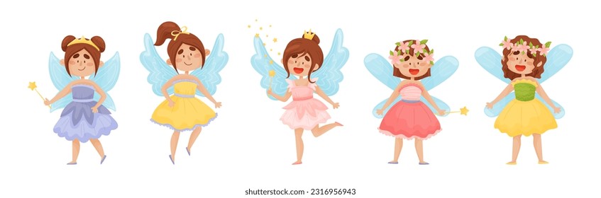 Cute Girl Fairy with Magic Wand Flying with Wings Vector Set.