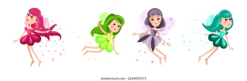 Cute Girl Fairy or Pixie in Pretty Dress Flying with Wings Vector Set