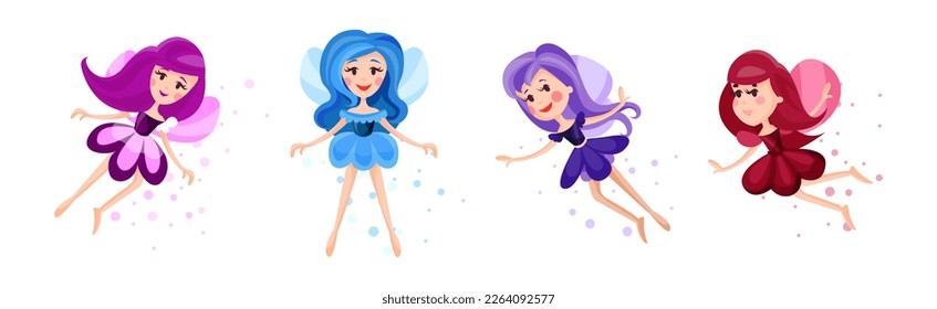 Cute Girl Fairy or Pixie in Pretty Dress Flying with Wings Vector Set