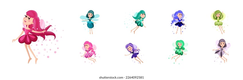 Cute Girl Fairy or Pixie in Pretty Dress Flying with Wings Vector Set