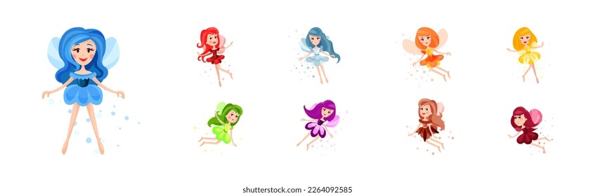Cute Girl Fairy or Pixie in Pretty Dress Flying with Wings Vector Set