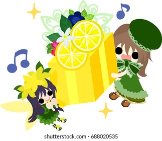 A cute girl and a cute fairy and a present of lemons