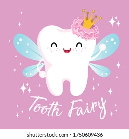 Cute girl fairy tooth vector cartoon illustration for oral dental hygiene, kawaii character: Series smiling teeth- card and Print for t-shirt.