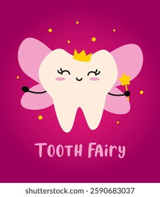 Cute girl fairy tooth vector cartoon illustration for oral dental hygiene, kawaii character: for teeth card and Print for t-shirt