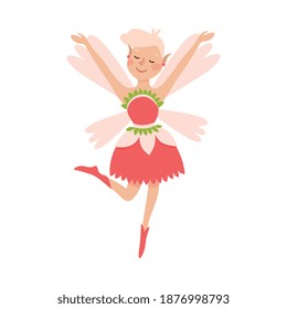 Cute Girl Fairy with Wings, Adorable Winged Elf Princesses in Fancy Dress Cartoon Style Vector Illustration