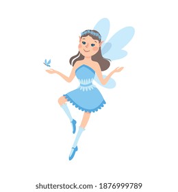 Cute Girl Fairy with Wings, Adorable Winged Elf Princesses in Light Blue Dress with Butterfly Cartoon Style Vector Illustration