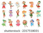 Cute Girl Fairy Wings and Elf in Pretty Dress Flying and Happy Smiling Vector Set
