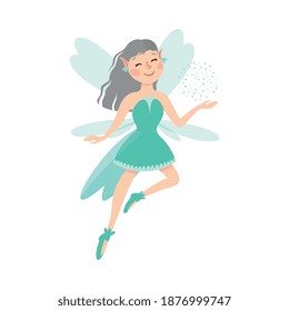 Cute Girl Fairy with Wings, Lovely Winged Elf Princesses in Green Dress Cartoon Style Vector Illustration