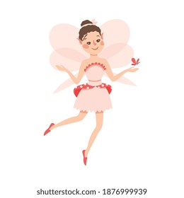 Cute Girl Fairy with Wings, Lovely Winged Elf Princesses in Fancy Dress with Butterfly Cartoon Style Vector Illustration