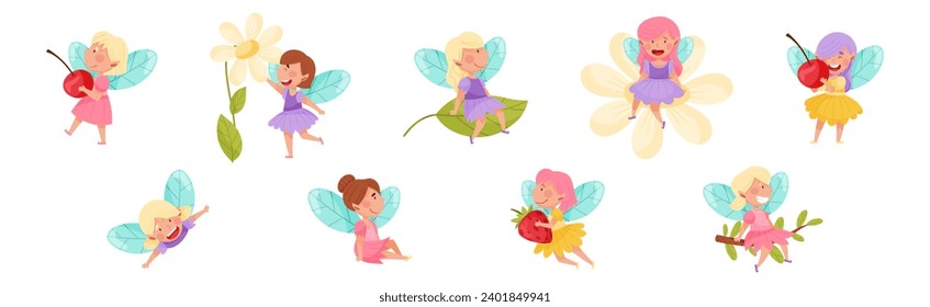 Cute Girl Fairy with Wings and Pretty Dress Vector Set