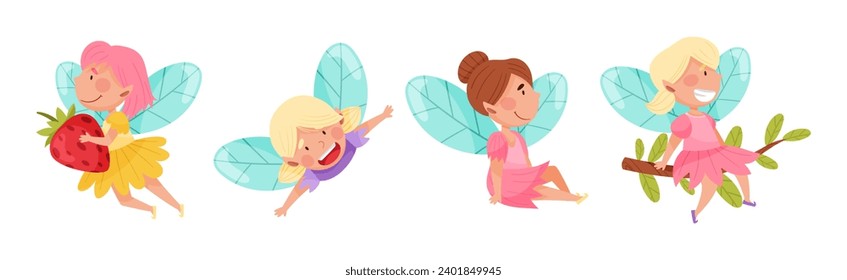Cute Girl Fairy with Wings and Pretty Dress Vector Set