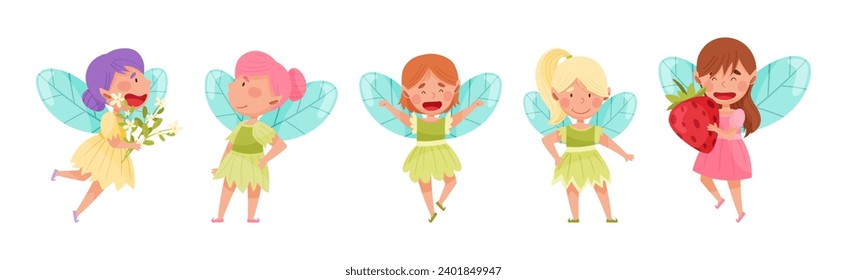 Cute Girl Fairy with Wings and Pretty Dress Vector Set