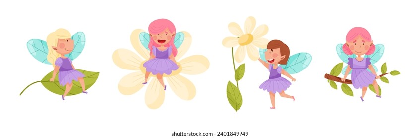 Cute Girl Fairy with Wings and Pretty Dress Vector Set