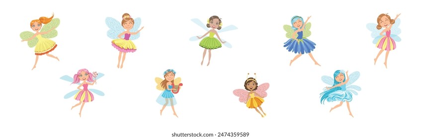 Cute Girl Fairy with Wings and in Pretty Dress Vector Set