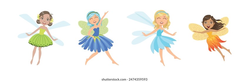 Cute Girl Fairy with Wings and in Pretty Dress Vector Set