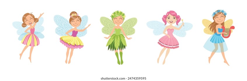 Cute Girl Fairy with Wings and in Pretty Dress Vector Set