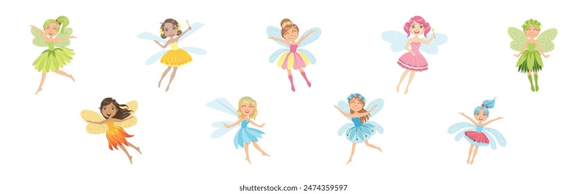 Cute Girl Fairy with Wings and in Pretty Dress Vector Set