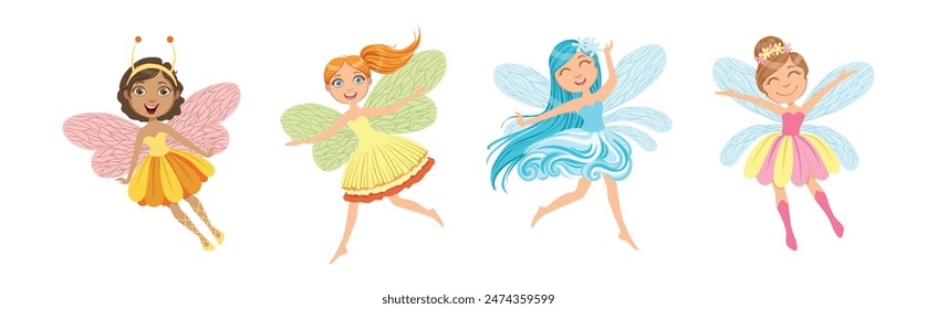 Cute Girl Fairy with Wings and in Pretty Dress Vector Set