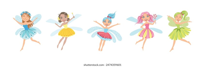 Cute Girl Fairy with Wings and in Pretty Dress Vector Set