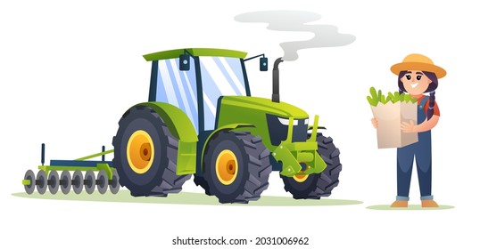 Cute girl farmer holding organic vegetables beside tractor in cartoon style. Harvest farmer illustration