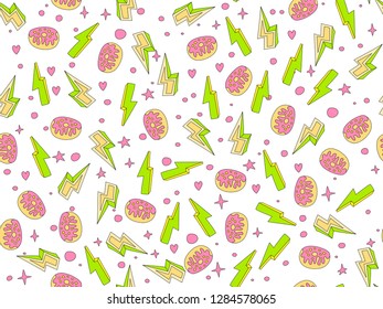 Cute girl fashion seamless pattern with tasty sweet donuts, cartoon arrows and decoration. Endless pattern of cute sweets for teen girl. Cute cartoon pattern with sweet donut and cartoon decoration on
