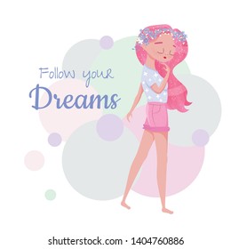 	
cute girl fashion with slogan follow your drams Vector illustration.Hand drawn flat line art style girl for t-shirt print,sticker,greeting card,romantic poster.Cartoon Characters.