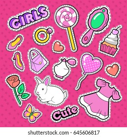 Cute Girl Fashion Stickers, Patches and Badges. Girlish Doodle with Hearts, Sweets and Cosmetics. Vector illustration