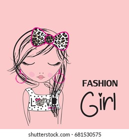 cute girl, fashion girl, T-shirt graphics for kids vector illustration