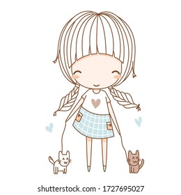 Cute girl, fashion girl, young girl, sweet girl with cats. Flat character design. Vector illustration for the t-shirt, print book, greeting card.