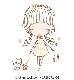Cute girl, fashion girl, young girl, sweet girl play with cat. Flat character design. Vector illustration for the t-shirt, print book, greeting card.