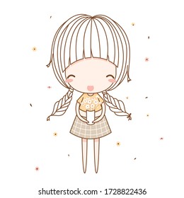 Cute girl, fashion girl, young girl, sweet girl, hold flower pot. Flat character design. Vector illustration for the t-shirt, print book, greeting card.