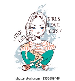 Cute girl in fashionable clothes. Girl sitting and holding a cat in her arms. Poster with the slogan. Hand drawn sketch. Vector illustration.
