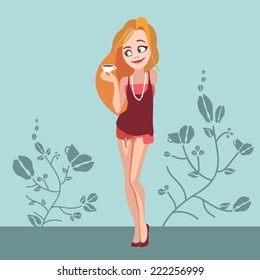Cute girl in fashionable clothes for young modern people. Stylized coffee beans and cups in the form of unusual vegetation pattern on the background.