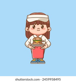 Chica linda de comida rápida camarero servir hamburguesa kawaii chibi personaje mascota ilustración esquema estilo diseño conjunto