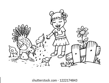 Cute girl  feeding chickens