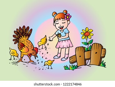 Cute girl  feeding chickens