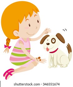 Cute girl feeding her pet dog illustration