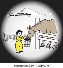 A cute girl is feeding the horse illustration