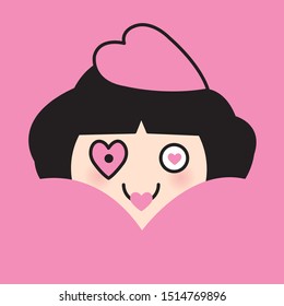 Cute Girl Feeling Love With Heart Eyes, Mouth, Head And Body Icon. Valentines Concept Card Character illustration